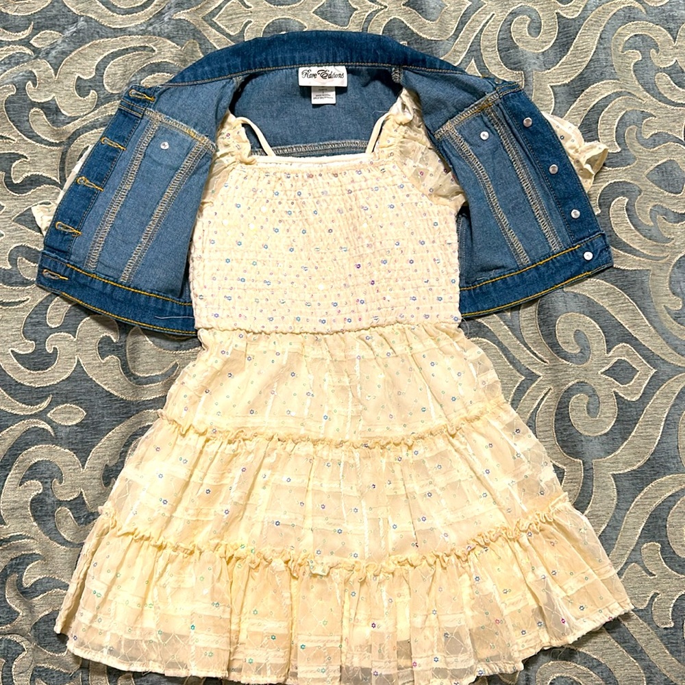 Girls 5 Sleeveless Denim Vest & Sequin-Embellished Floral Chiffon Fit-And-Flare
